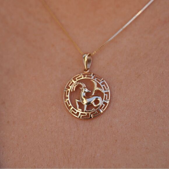 14K Solid Gold Round Capricorn Zodiac Sign Charm | Elegant Astrology Pendant | - Picture 8 of 13